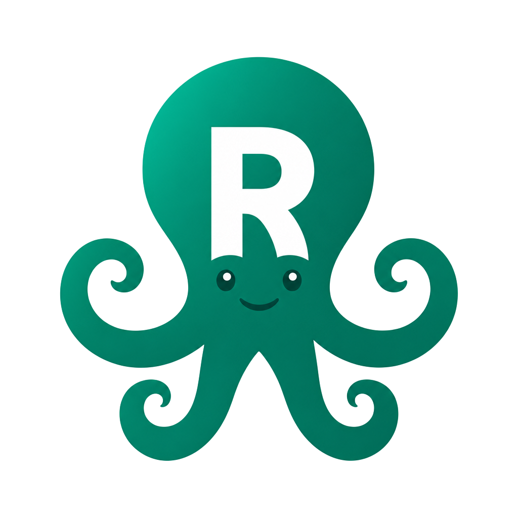 RETTEU — зелёный осьминог с буквой R, фирменный знак студии автоматизации